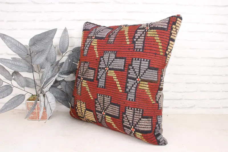 Pillow Sham, 24x24 Red Cushion, Throw Kilim Pillow, Home Decor Pillow, Ottoman Cushion Case, Boho Pillow Sham Cover, Customized Pillow Cover - 4