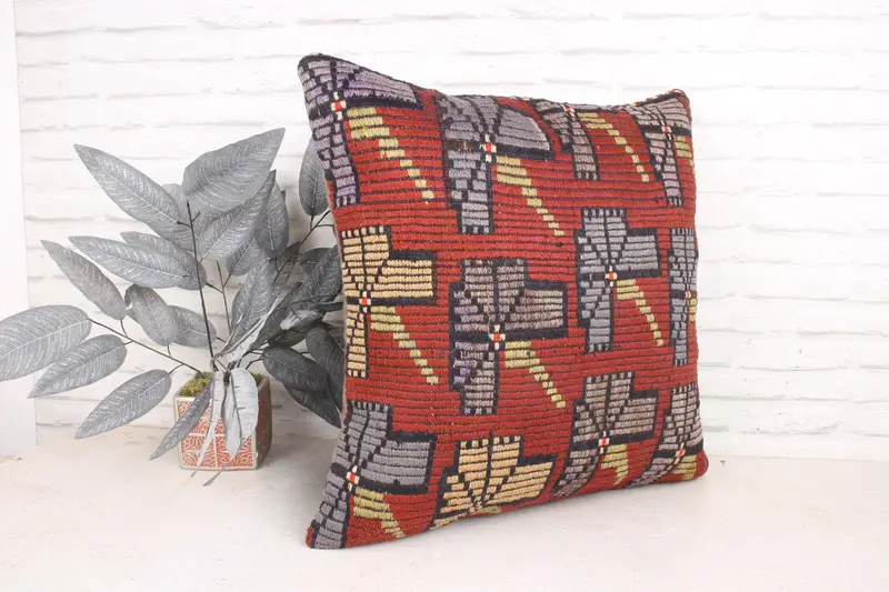 Pillow Sham, 24x24 Red Cushion, Throw Kilim Pillow, Home Decor Pillow, Ottoman Cushion Case, Boho Pillow Sham Cover, Customized Pillow Cover - 3