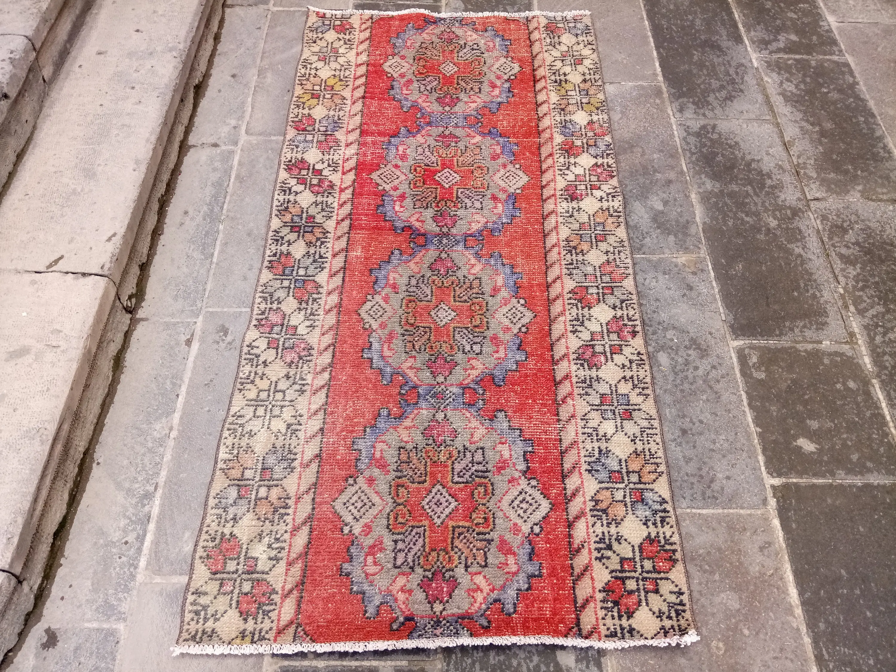 Türk 3.1x6.3 ft Halı, Accent Vintage Halı, Kırmızı Mavi Oryantal Halı - 1