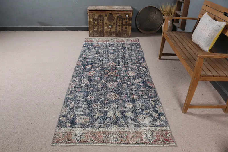 Zarif Bej ve Mavi Halı, 3,3x7,9 ft Şık Kareli Tasarım