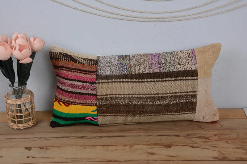 Cushion, Handwoven Pillow Cover Cushion, Vintage Kilim Throw Pillow, Boho Pillow, 12x24 Brown Pillow Sham, Boho Pillow Sham Cover - 2