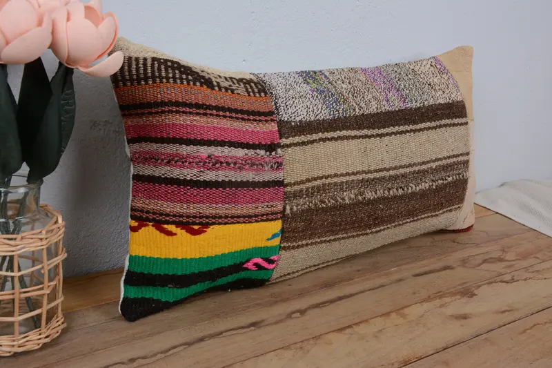 Cushion, Handwoven Pillow Cover Cushion, Vintage Kilim Throw Pillow, Boho Pillow, 12x24 Brown Pillow Sham, Boho Pillow Sham Cover - 1