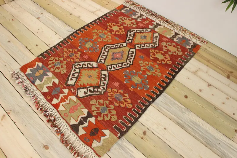 Türk Vintage Küçük Halı 3.1x4.1 ft, Oushak Kırmızı Yün Halı - 1