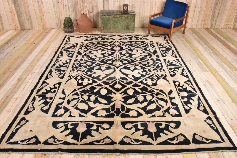 エレガントなベージュ&ブラックラグ、8.8x11.8フィートの水玉模様デザイン