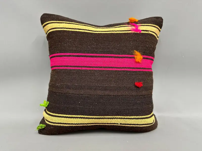 Chair Cushion Cover, Vintage Kilim Throw Pillow, Throw Kilim Pillow, Couch Cushion, Pillow Sham, Home Decor Pillow, 18x18 Brown Cushion Cover - 4