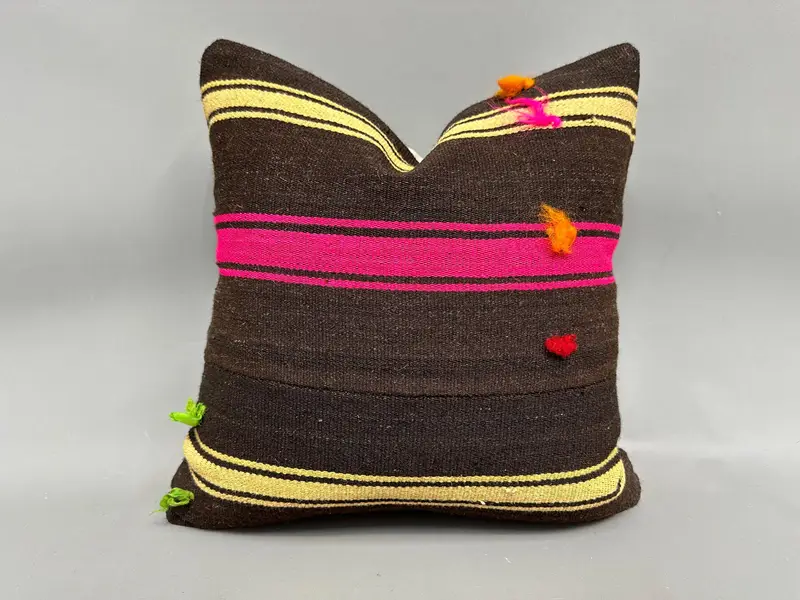 Chair Cushion Cover, Vintage Kilim Throw Pillow, Throw Kilim Pillow, Couch Cushion, Pillow Sham, Home Decor Pillow, 18x18 Brown Cushion Cover - 1