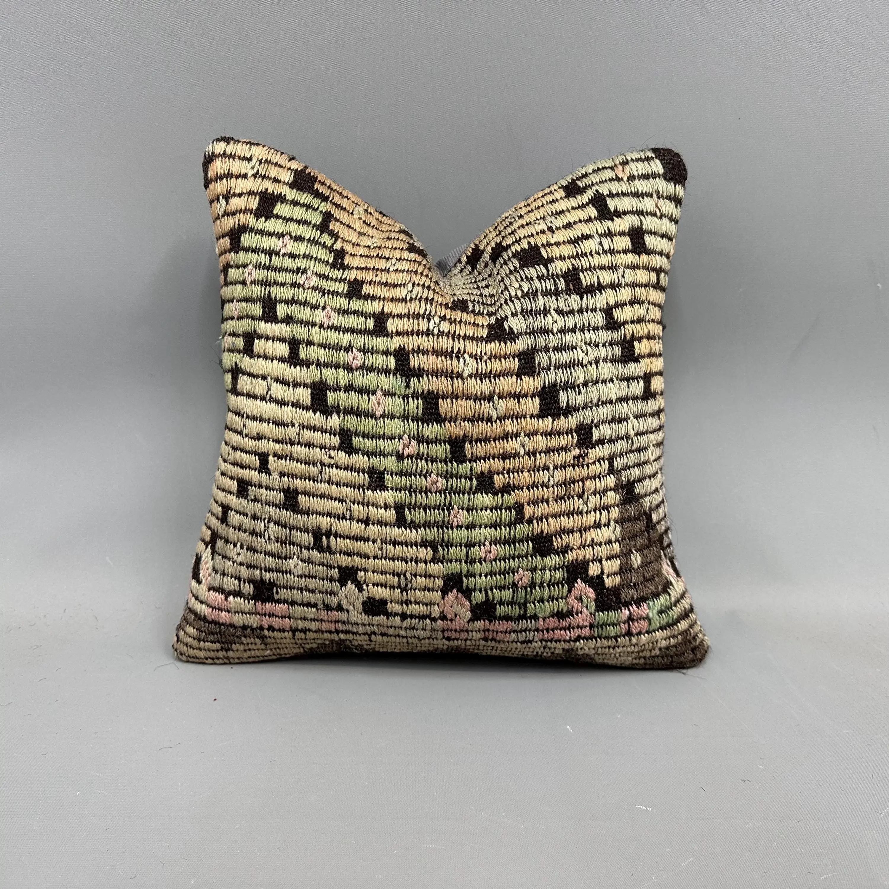 Green & Orange Kilim Throw Pillow, 16x16 Vintage Cushion - 1