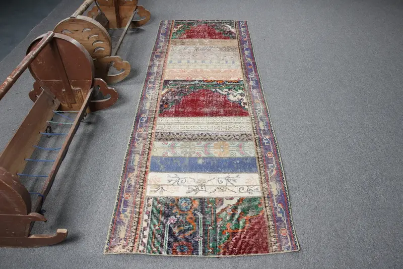 Türkischer Vintage-Teppich, 2,7x7,7 ft Oushak-Teppich, blau-roter Massivteppich - 1
