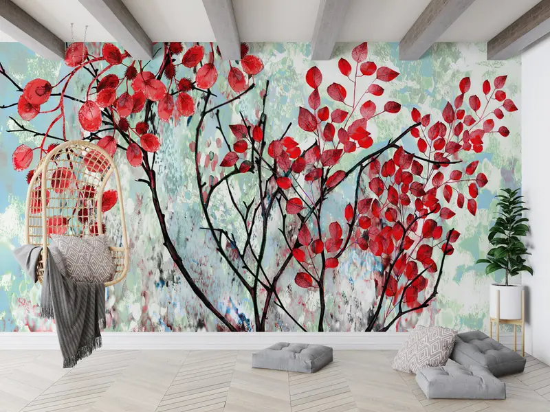 Baskılı Duvar Kağıdı: Kış Manzarasında Zarif Kırmızı Ağaç