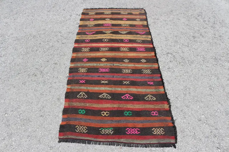 Alfombra vintage, alfombra turca de 2,8x6,3 pies, alfombra de lana abstracta roja marrón - 1