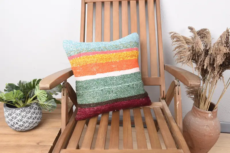 Small Square Throw Striped Pillowcase, Green Woven Antique 6x6 inch Euro Sham - 1