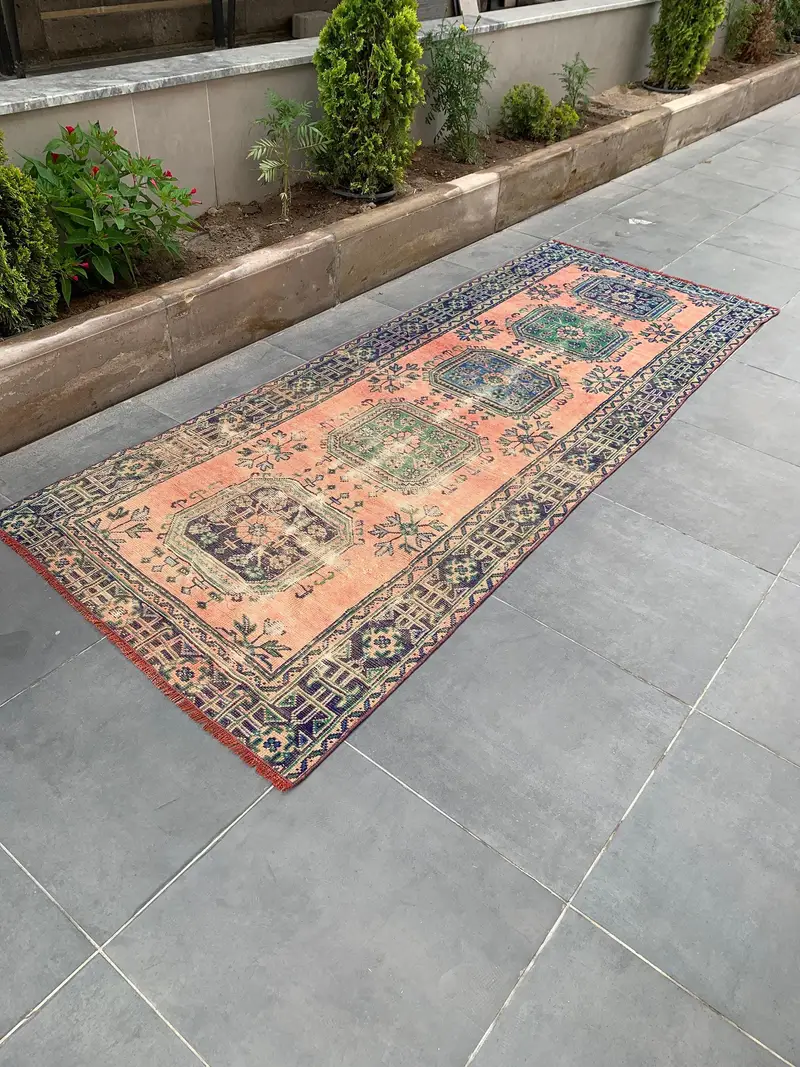 Turkish 4.1x10.5 ft Rug, Oushak Vintage Rug, Orange Animal Print Wool Rug - 1