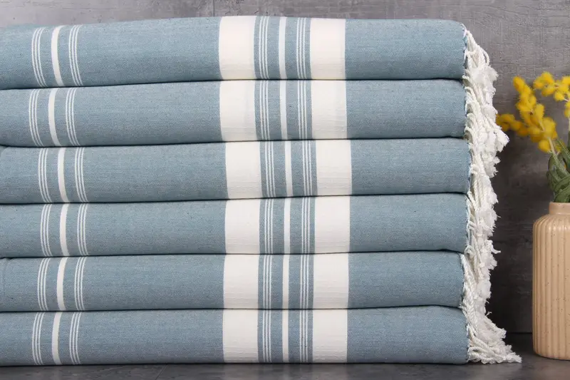 Beach Towel Organic Cotton Petrol Blue Stripes, 38x60 Inches