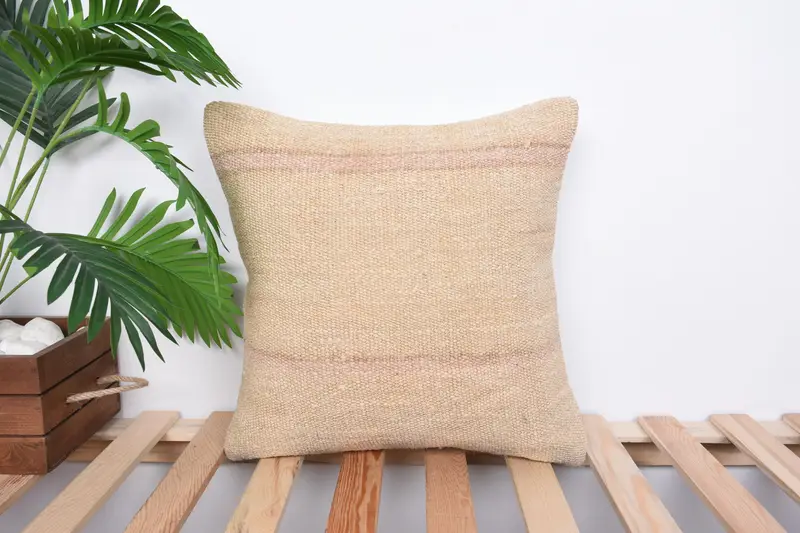 Vintage Pillow, Cushion Cover, Traditional Pillow Cover, Handmade Kilim Cushion, 16x16 Beige Cushion Case, Home Decor Pillow - 1