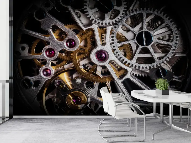 Modern Wall Stickers, Automatic Watch Mechanism Wall Paper, Gold Paper Craft, Gear Wall Print, Wallpaper Mural Art, 3D Printing Art, - 3