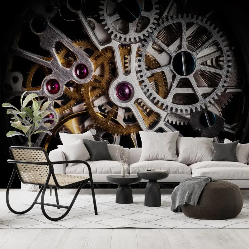 Modern Wall Stickers, Automatic Watch Mechanism Wall Paper, Gold Paper Craft, Gear Wall Print, Wallpaper Mural Art, 3D Printing Art, - 4