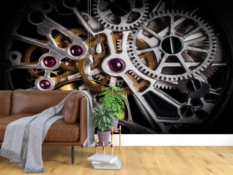 Modern Wall Stickers, Automatic Watch Mechanism Wall Paper, Gold Paper Craft, Gear Wall Print, Wallpaper Mural Art, 3D Printing Art, - 5