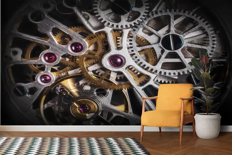 Modern Wall Stickers, Automatic Watch Mechanism Wall Paper, Gold Paper Craft, Gear Wall Print, Wallpaper Mural Art, 3D Printing Art, - 2