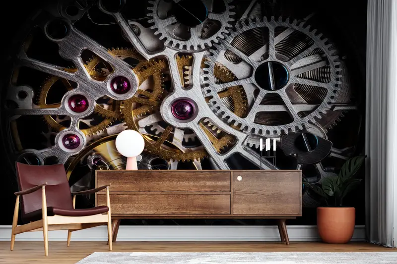 Modern Wall Stickers, Automatic Watch Mechanism Wall Paper, Gold Paper Craft, Gear Wall Print, Wallpaper Mural Art, 3D Printing Art, - 6