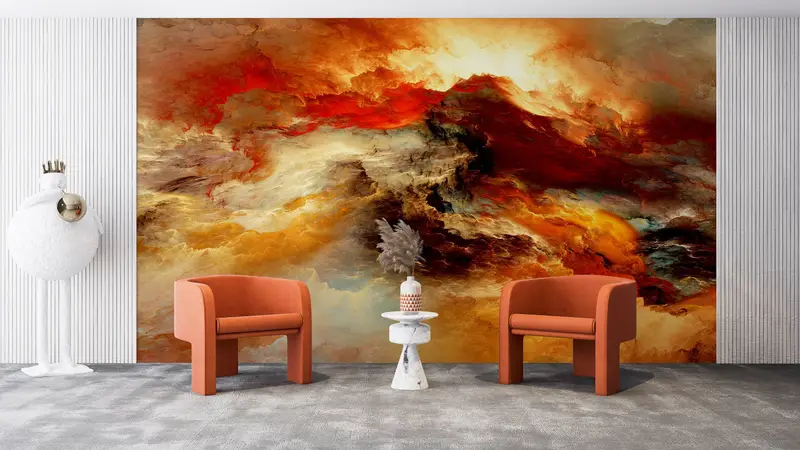 Çağdaş Baskılı Duvar Kağıdı: Canlı Sarı ve Kırmızı Soyut Bulutlar