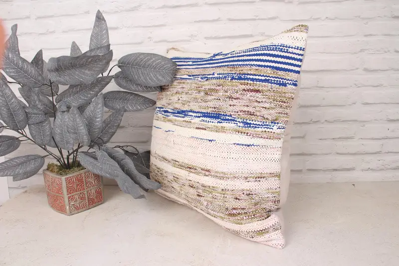 Kilim Pillow Cover, Boho Pillow Sham Cover, Southwestern Pillow Cover, Pillow Sham, Turkish Kilim Pillow, 20x20 Blue Cushion Case - 4