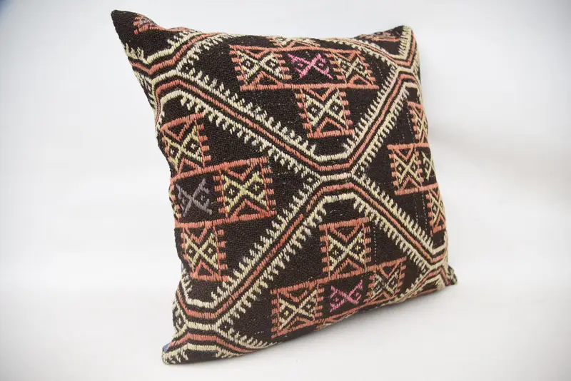 Ethnical Kilim Rug Pillow, Cushion, Interior Designer Pillow, Boho Pillow, Patio Pillow Cover, Ethnic Throw Pillow Sham, 24x24 Brown Pillow Cover - 2