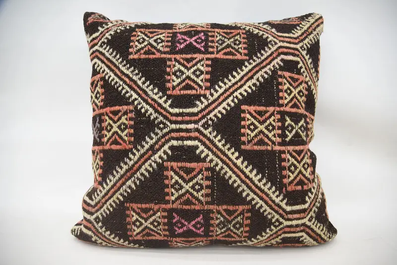 Ethnical Kilim Rug Pillow, Cushion, Interior Designer Pillow, Boho Pillow, Patio Pillow Cover, Ethnic Throw Pillow Sham, 24x24 Brown Pillow Cover - 4
