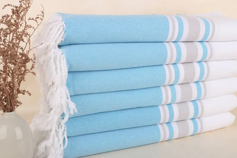 Monogramlı Plaj Havlusu Turkuaz Çizgili, Organik Pamuk, 40x71 İnç