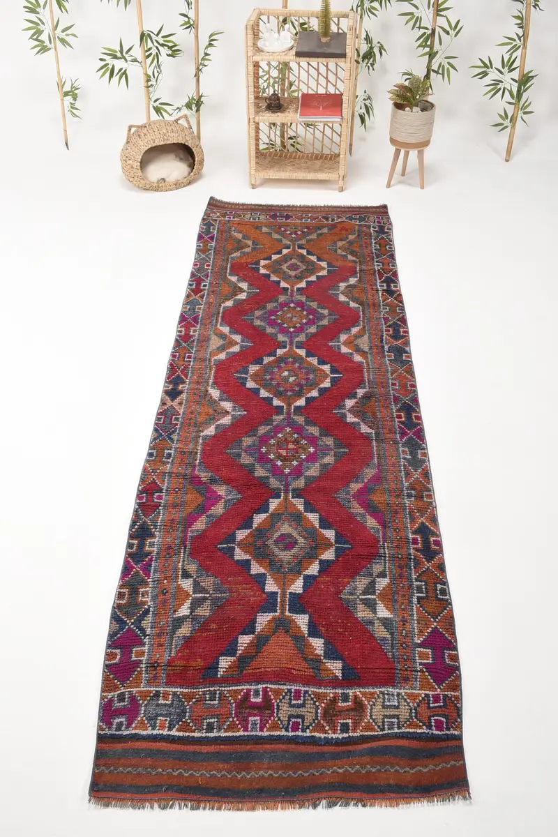 Alfombra vintage, alfombra turca Runner de 3,1x10 pies, alfombra de lana geométrica negra roja - 1