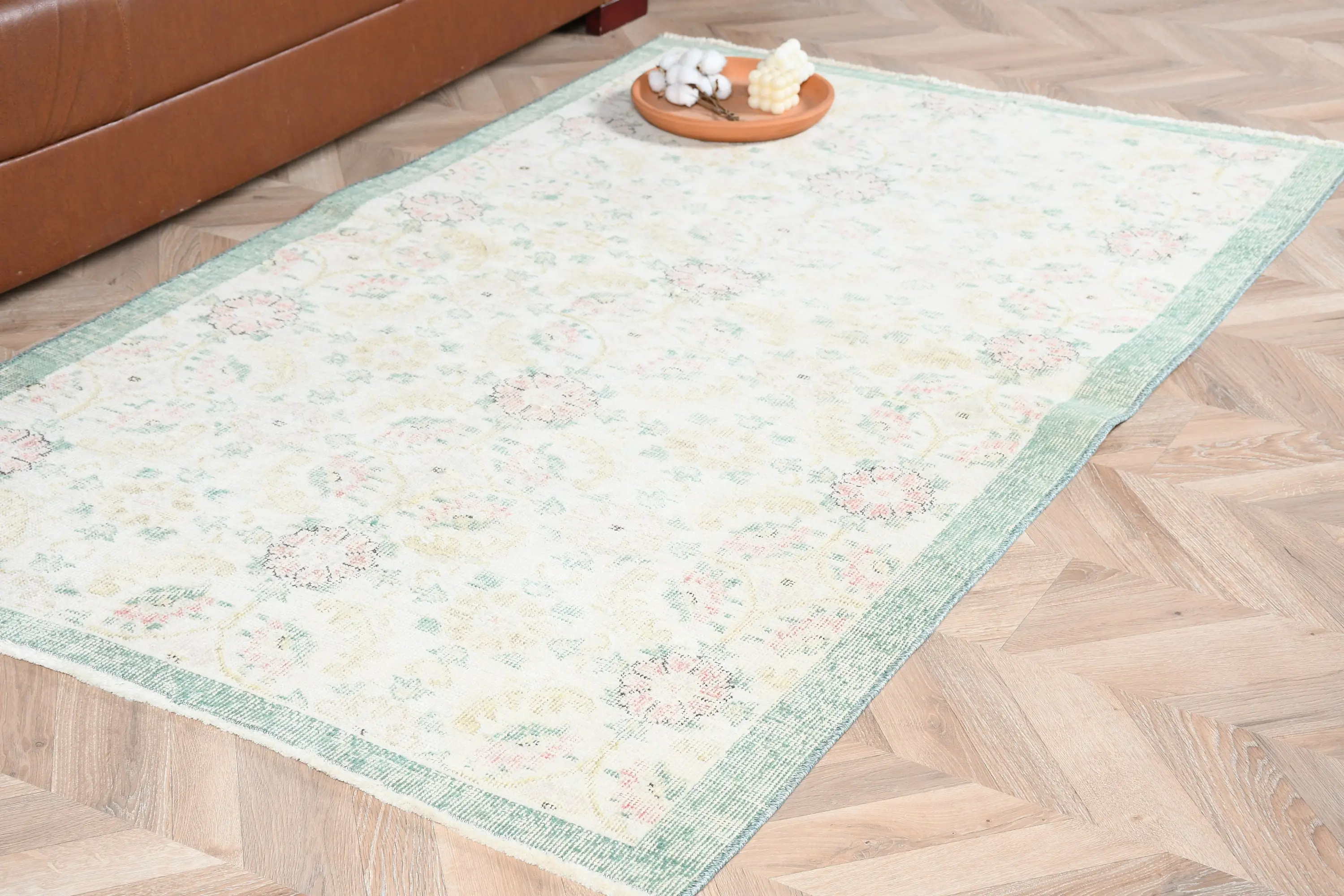 Türk 3.69x6.2 ft Halı, Accent Vintage Halı, Beyaz Yeşil Çizgili Halı - 1