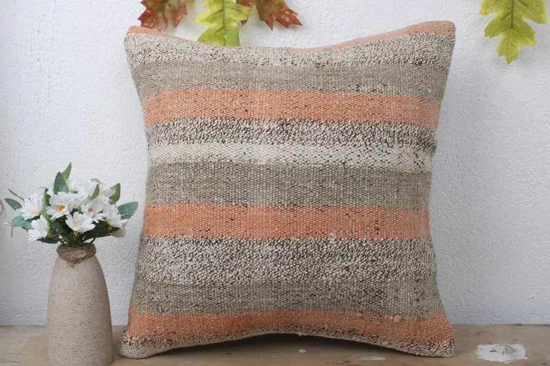 Kilim Pillow Cover, Antique Pillows, Floor Pillow Case, Chair Pillow, Pillow Cover, 16x16 Beige Pillow Sham, Cotton Pillow Case, Vintage Pillow - 2