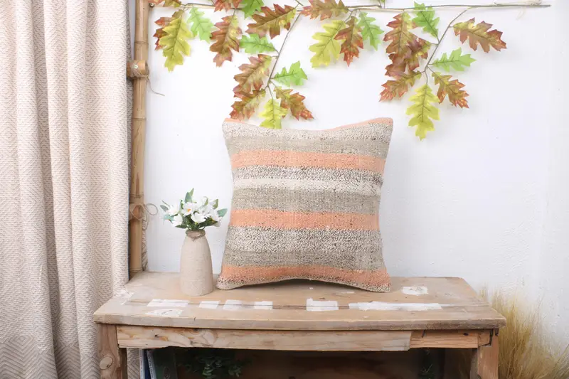 Kilim Pillow Cover, Antique Pillows, Floor Pillow Case, Chair Pillow, Pillow Cover, 16x16 Beige Pillow Sham, Cotton Pillow Case, Vintage Pillow - 1