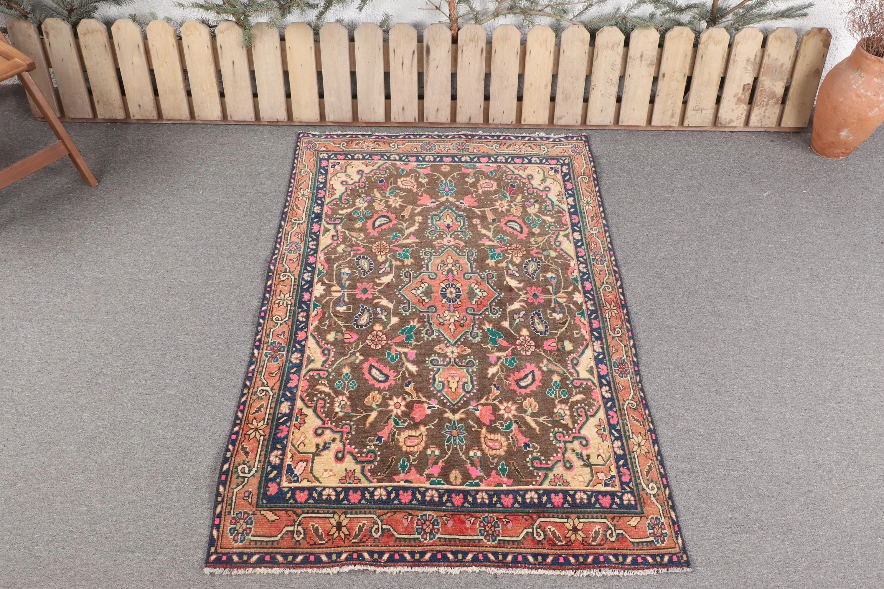 Vintage Türk Vurgulu Halı 3.3x4.8 ft, Kahverengi Çizgili Yün Halı - 1