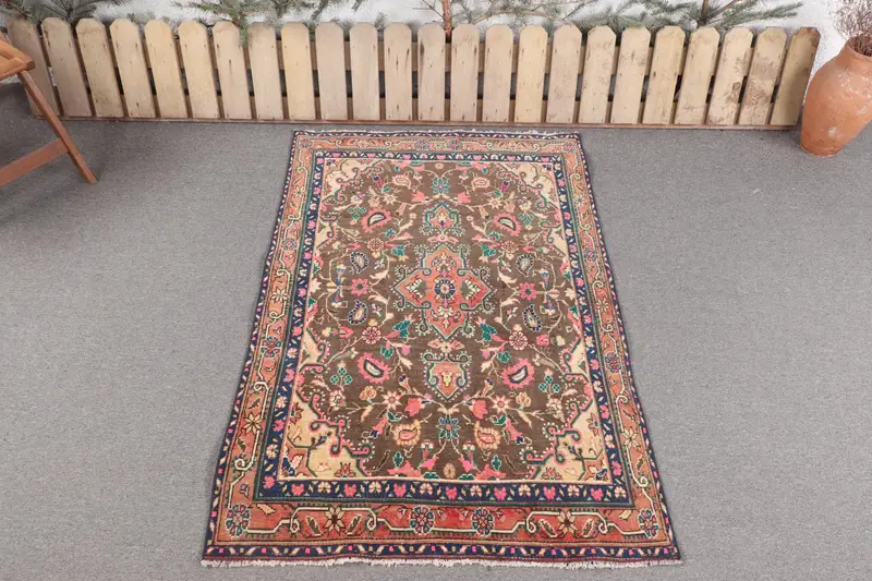 ハンドメイド ブラウン & ピンク ラグ 3.3x4.8 フィート ストライプ幾何学模様