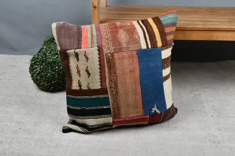 Neutral Throw Cushion Cover, Antique Pillows, Handmade Kilim Cushion, Pillow Sham, Ottoman Pillow Case, Kilim Pillow, 24x24 Blue Pillow Case - 7