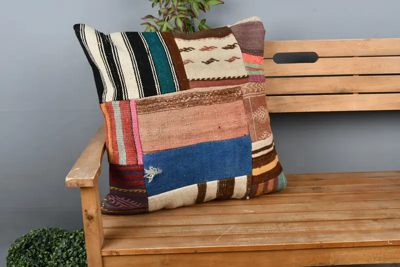 Neutral Throw Cushion Cover, Antique Pillows, Handmade Kilim Cushion, Pillow Sham, Ottoman Pillow Case, Kilim Pillow, 24x24 Blue Pillow Case - 1