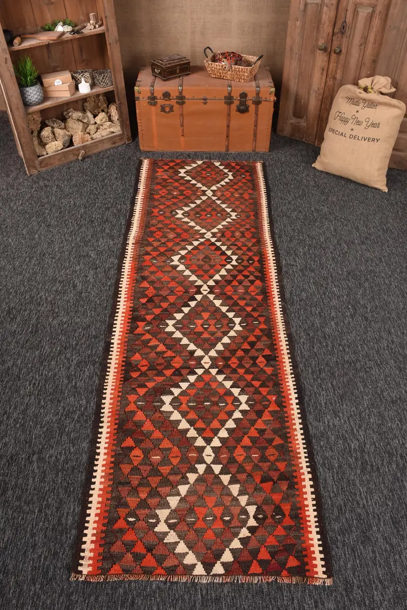 3x9.4 ft Vintage Kilim Rug, Turkish Rug, Red Moroccan Wool Rug - 1