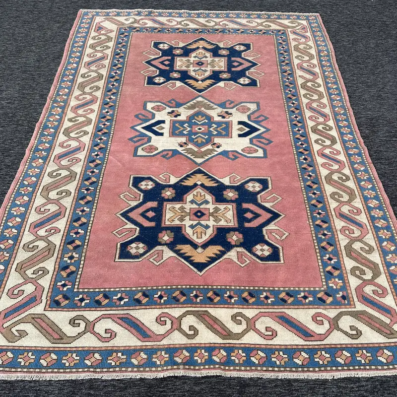 Vintage Turkish Area Rug 5.2x8.9 ft, Red Blue Floral Rug - 1