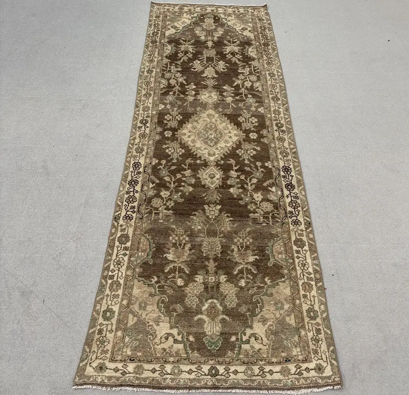 3x8.6 ft Vintage Halı, Runner Türk Halısı, Kahverengi Halı - 1