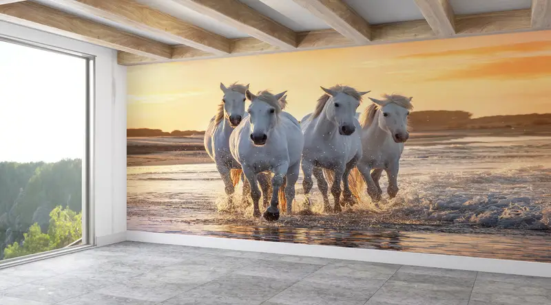 Elegant Printed Wallpaper: Running Horses & Sea View Sunset