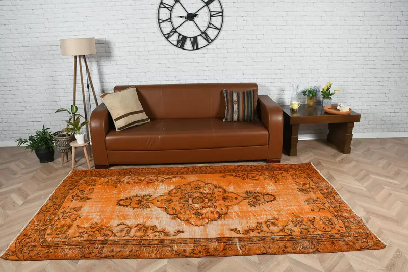 4.7x8.4 ft Turkish Rug, Vintage Area Rug, Orange Brown Patchwork Wool Rug - 1