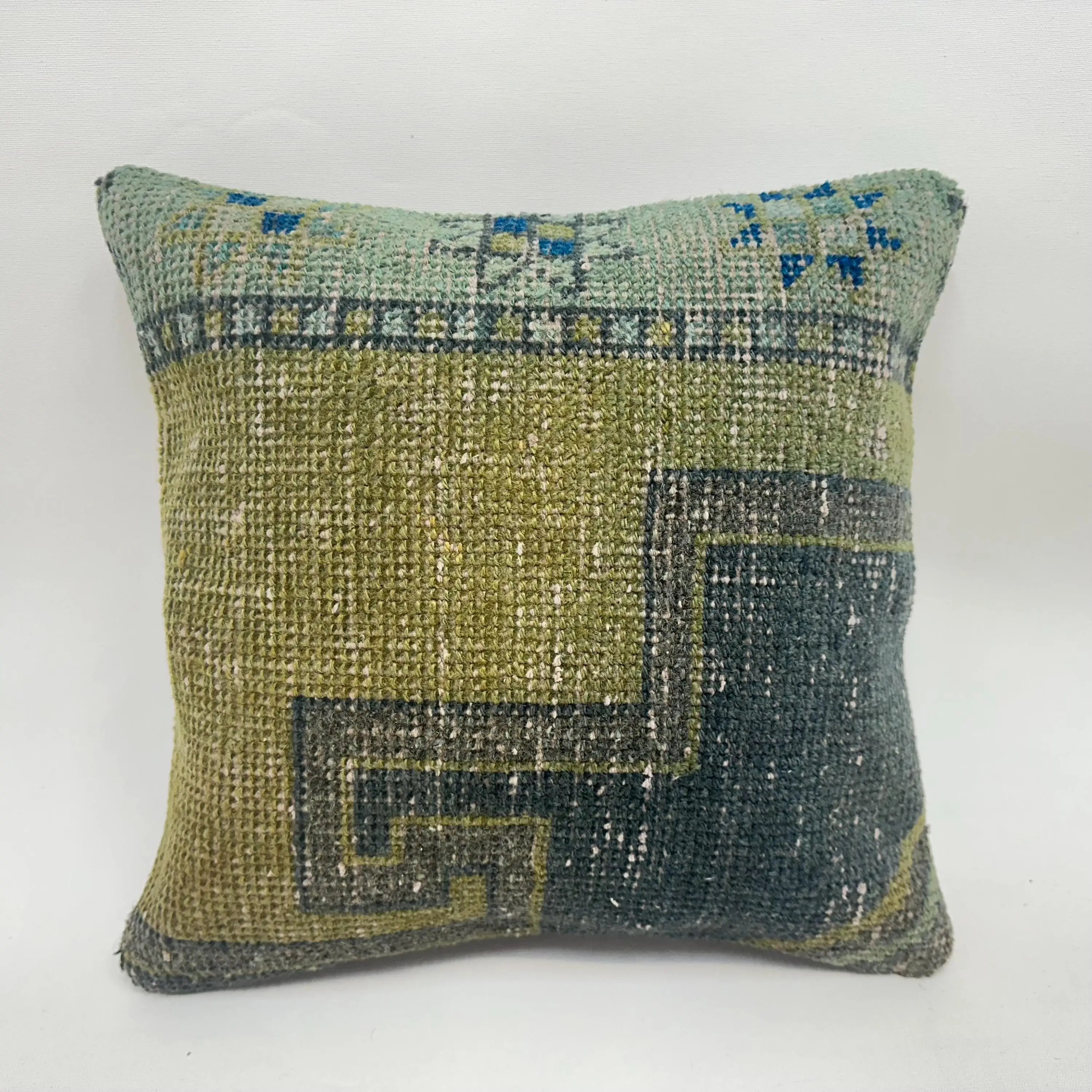 Handcrafted Southwestern Green & Gray Throw Pillow, Embroidered Linen Cushion - 1