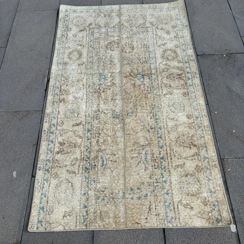 Turkish Rug, Small 2.8x4.8 ft Vintage Rug, Brown Blue Striped Wool Rug - 1