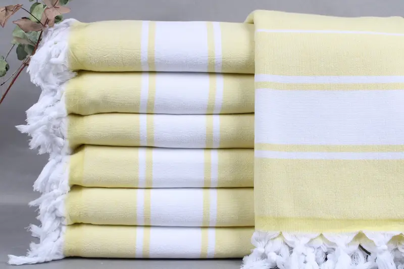Beach Towel Organic Yellow Striped Terry, Beige, 36x63 Inches