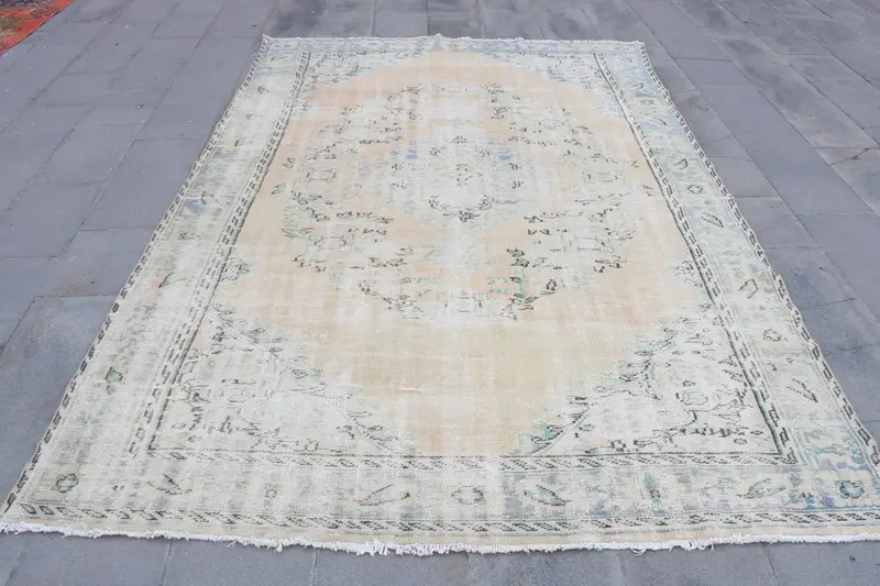 Turkish Vintage Rug 6.3x9.4 ft (193x287 cm), Oushak Blue Brown Floral Rug - 1
