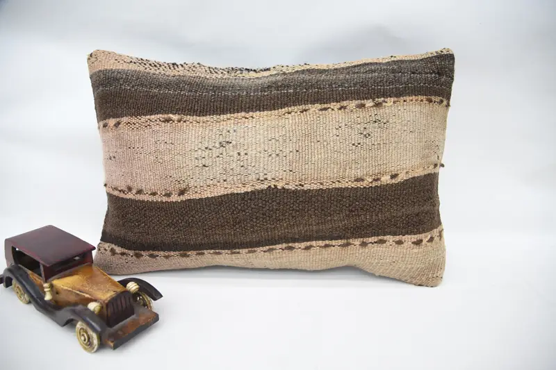 Striped Turkish Brown Pillow Case, Wool Moroccan 12x20 inch Euro Sham - 1