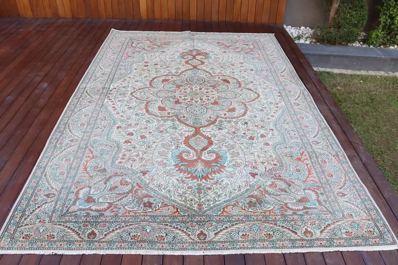 Türk Vintage Oushak Büyük Halı 6.4x9.6 ft, Mavi Çiçekli Halı Yün - 1