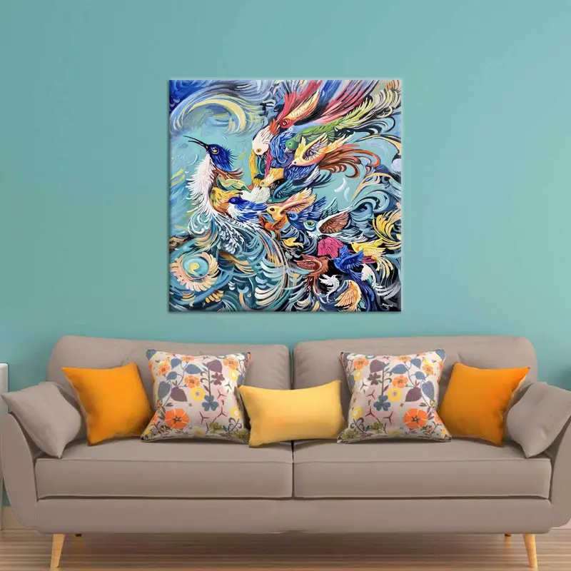 Moderne abstrakte Simurgh-Vogel-Leinwand – trendiger blauer und gelber Druck