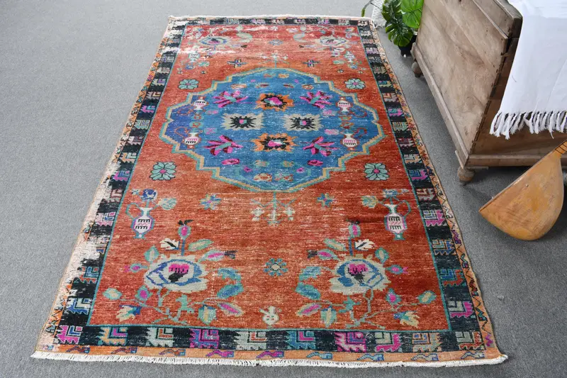 Handmade Red Camouflage Rug, 0.4x0.7 ft Blue Accent