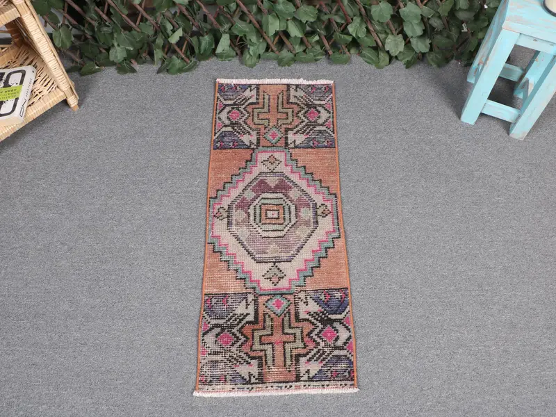 Orange & Purple Rug, 1,1x2,9 ft Striped with Geometric Shapes